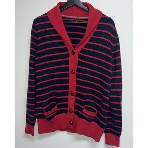 Tommy Hilfiger Womens Collared Button Front Sweater Size XL Red Navy Blue Stripe